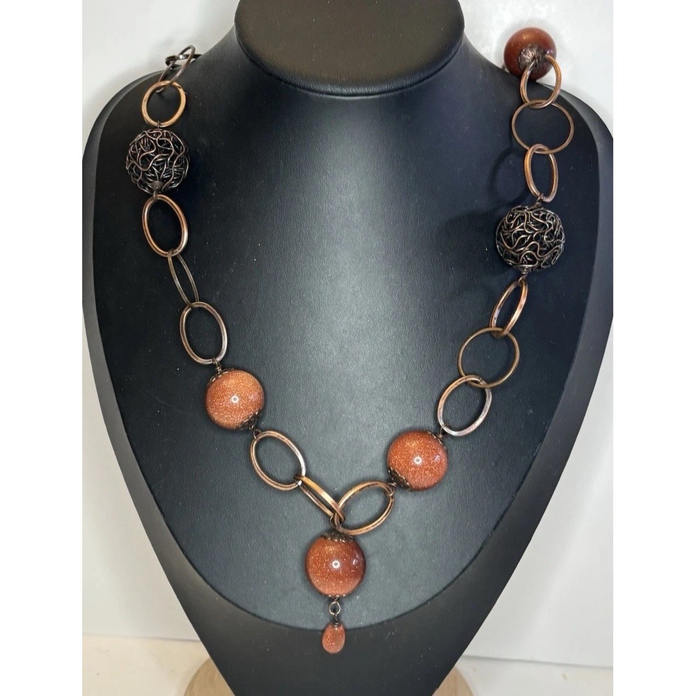 Y2K Copper Tone Goldstone Glass Beads Filigree Statement 34" Necklace